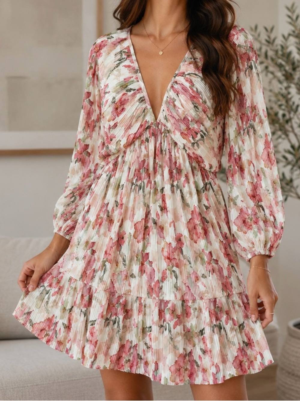 H&M Pink Floral Long Sleeve Plissé Mini Dress